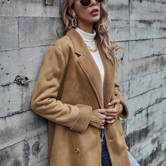 shearling lined vegan suede trench pea coat camel - Picture 2 of 7